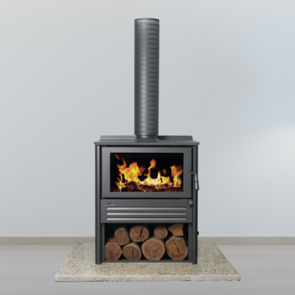 Black Wood-burning Stove With Visible Flames and Stacked Logs — Complete Heating In Huntingfield, TAS