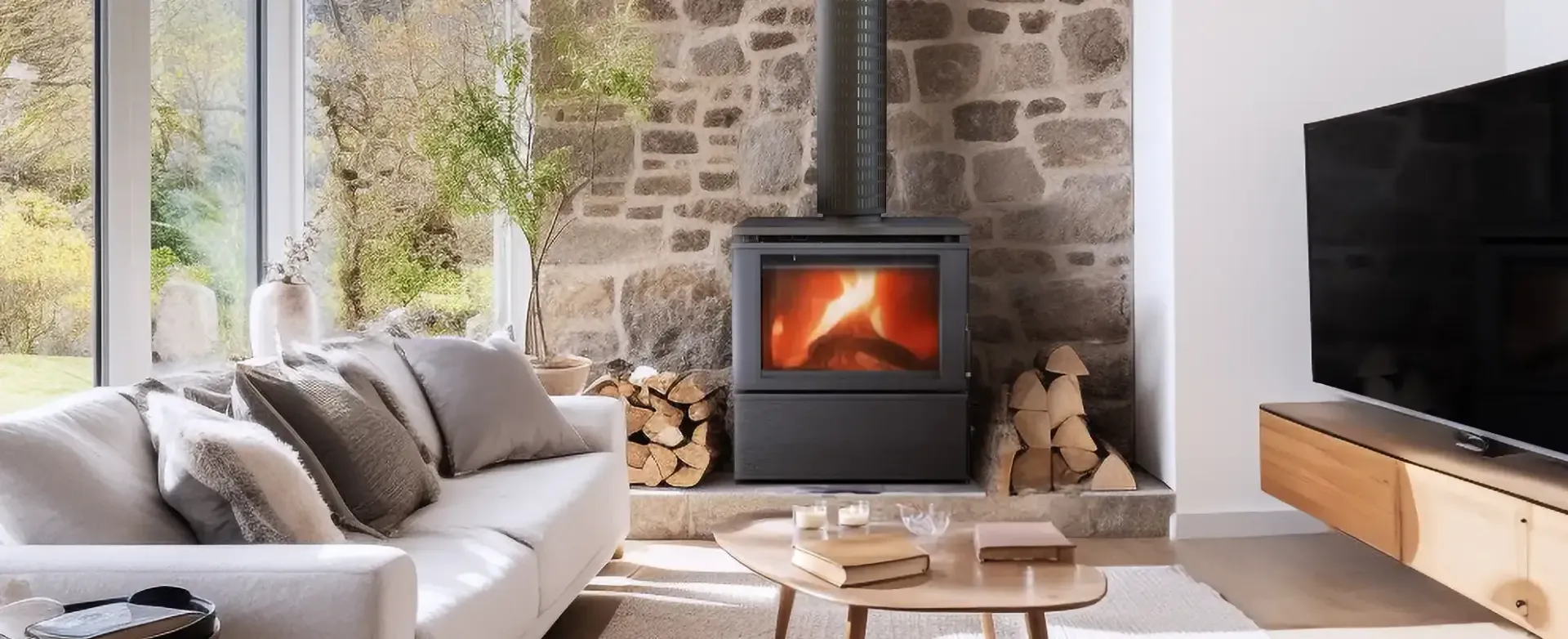 Cozy Living Room With Stone Fireplace — Complete Heating In Huntingfield, TAS