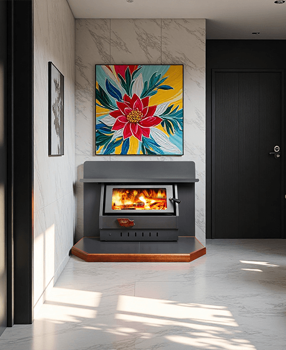 Living Room With a Lit Fireplace and a Colorful Floral Painting Above It — Complete Heating In Huntingfield, TAS