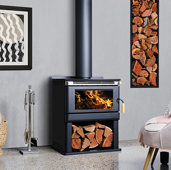 Modern Black Wood Stove With Fire, Chimney Pipe, and Stacked Logs — Complete Heating In Huntingfield, TAS