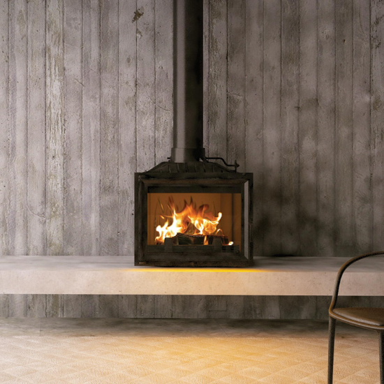 Wood-burning Stove With a Small Fire Against a Wood-paneled Wall — Complete Heating In Huntingfield, TAS