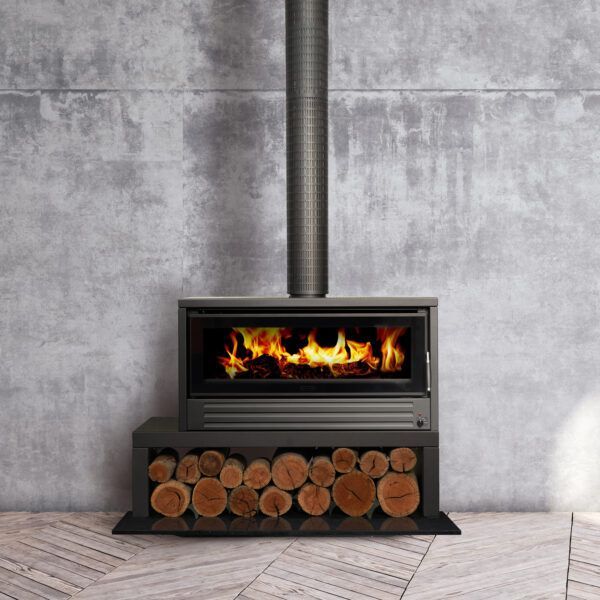 Modern Black Wood-burning Stove With Fire, Stacked Logs Below — Complete Heating In Huntingfield, TAS