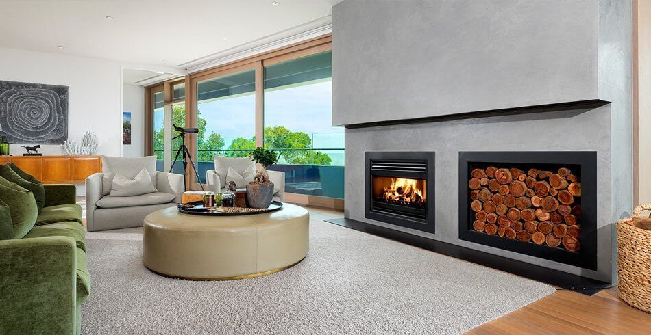 Modern Living Room With Large Windows and Fireplace — Complete Heating In Huntingfield, TAS