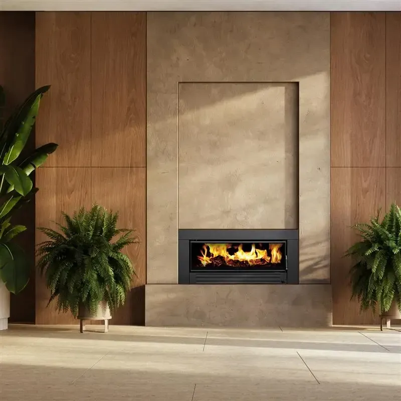 Modern Living Room With a Central Black Fireplace — Complete Heating In Huntingfield, TAS
