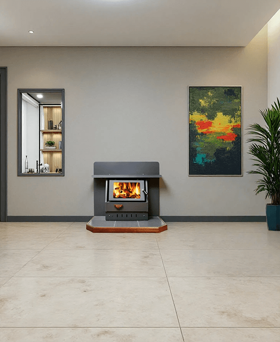 Modern Living Room With a Lit Gray Fireplace, Wall Art, Mirror, and a Tall Plant — Complete Heating In Huntingfield, TAS