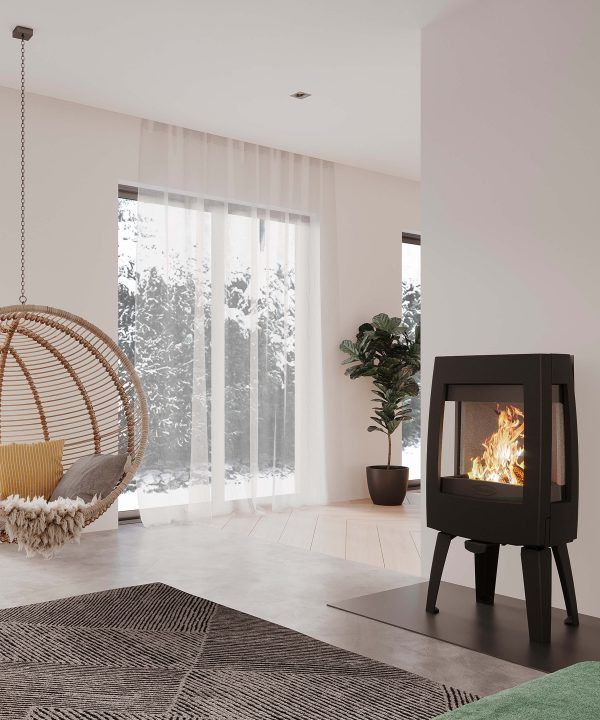 Modern Living Room With a Hanging Chair, Large Windows, and Lit Fireplace Stove — Complete Heating In Huntingfield, TAS