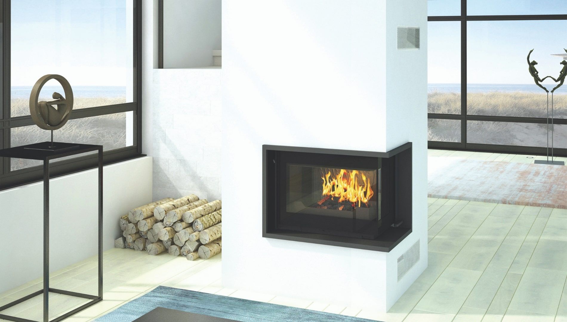 White Living Room With a Lit Fireplace, Black Windows, and a Stack of Firewood — Complete Heating In Huntingfield, TAS