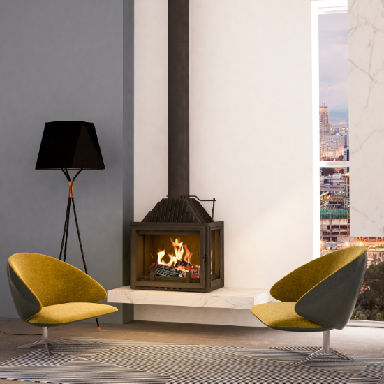 Living Room With a Lit Fireplace, Black Floor Lamp, and Two Lounge Chairs — Complete Heating In Huntingfield, TAS
