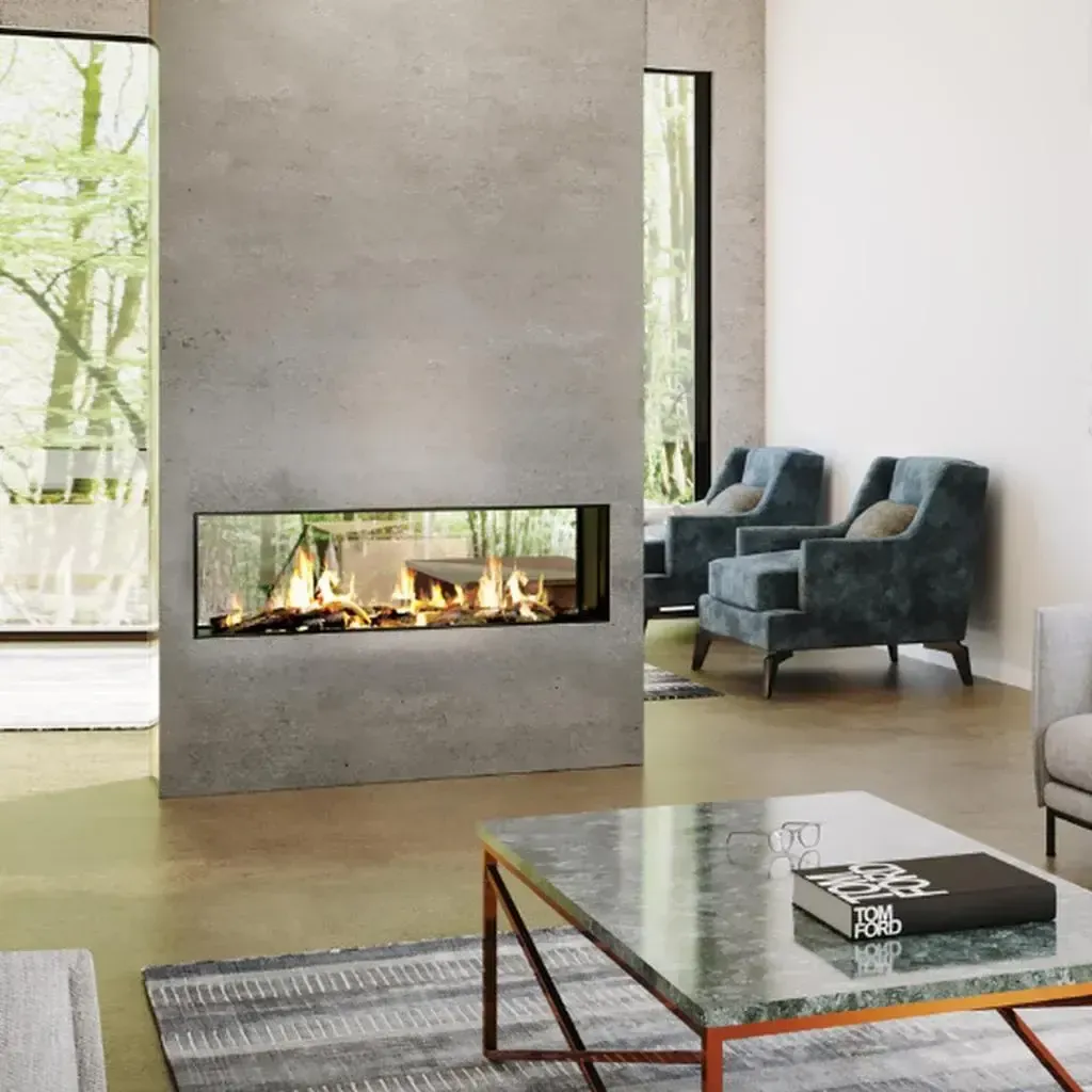Living Room With a Concrete Fireplace, Blue Chairs, and a Glass Coffee Table — Complete Heating In Huntingfield, TAS