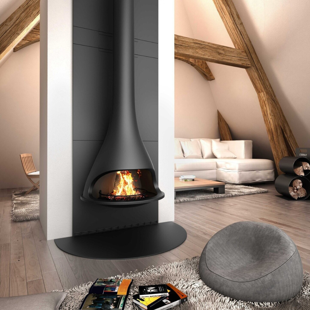 Modern Living Room With a Black Hanging Fireplace — Complete Heating In Huntingfield, TAS