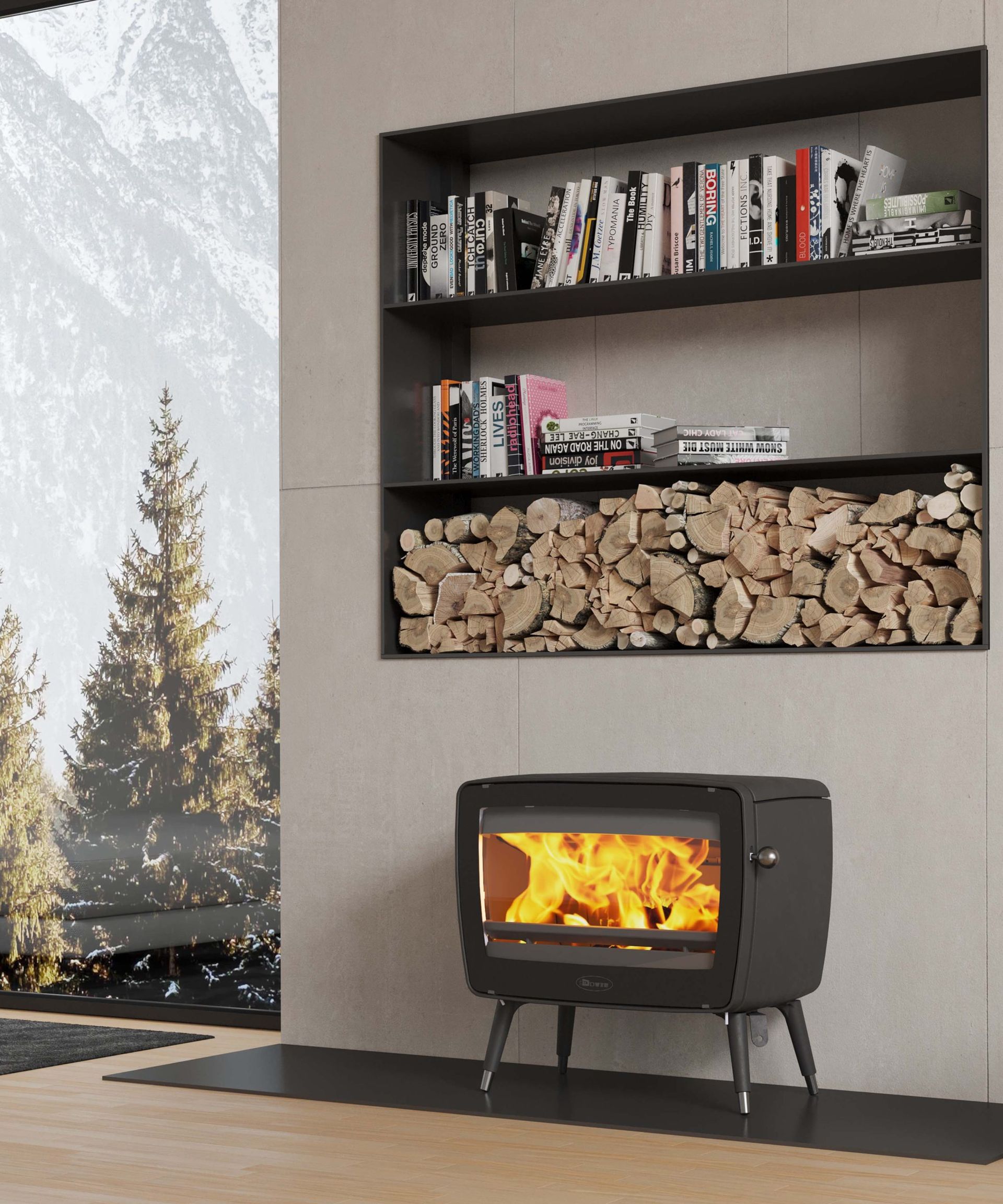 Cozy Room With a Lit Black Stove and Wall Shelf of Books and Firewood — Complete Heating In Huntingfield, TAS