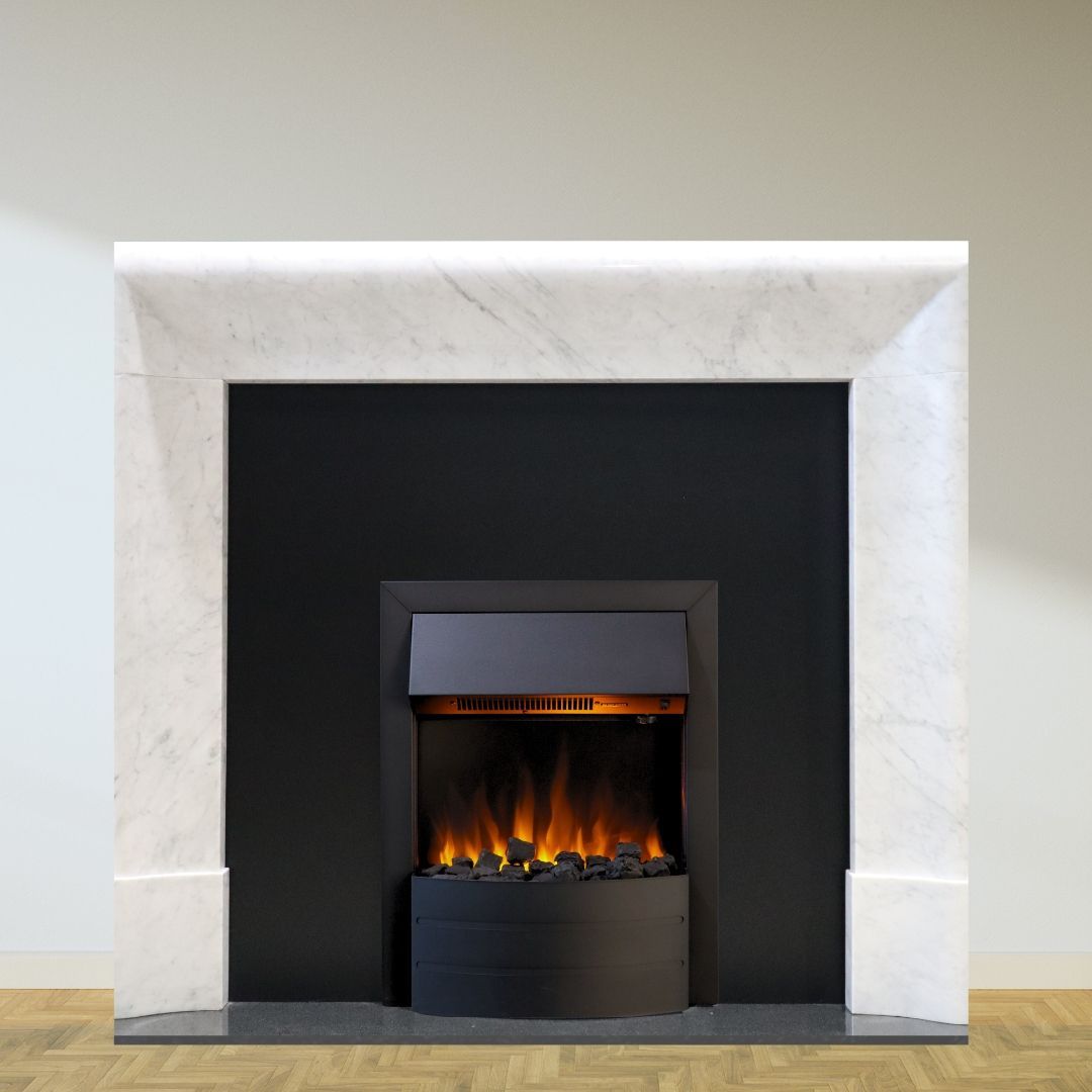 Modern White Marble Fireplace With a Black Inset and Lit Fire Burning Inside — Complete Heating In Huntingfield, TAS