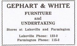 Gephart & White furniture and undertaking ad with Lakeville and Farmington phone numbers