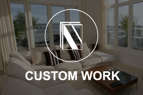 a living room with the words custom work below it