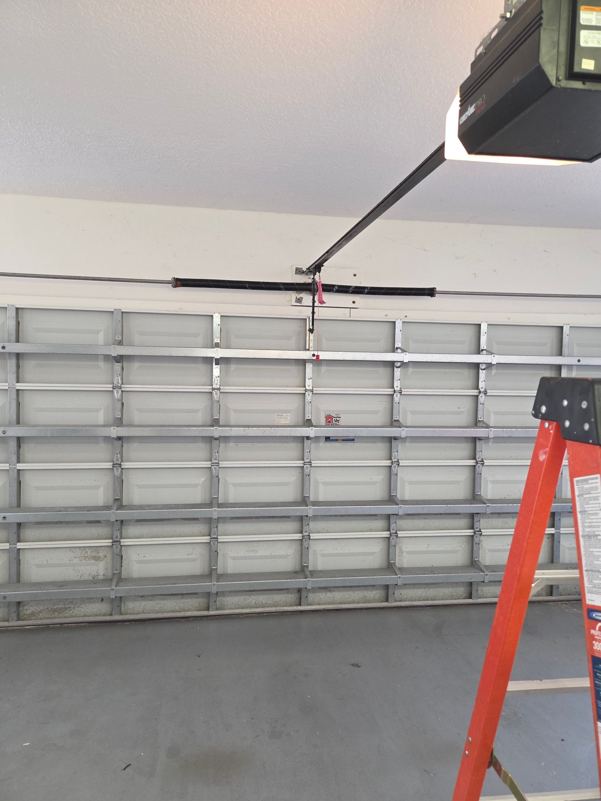 Empty garage with a closed sectional door, ladder at right, and a garage door opener overhead.