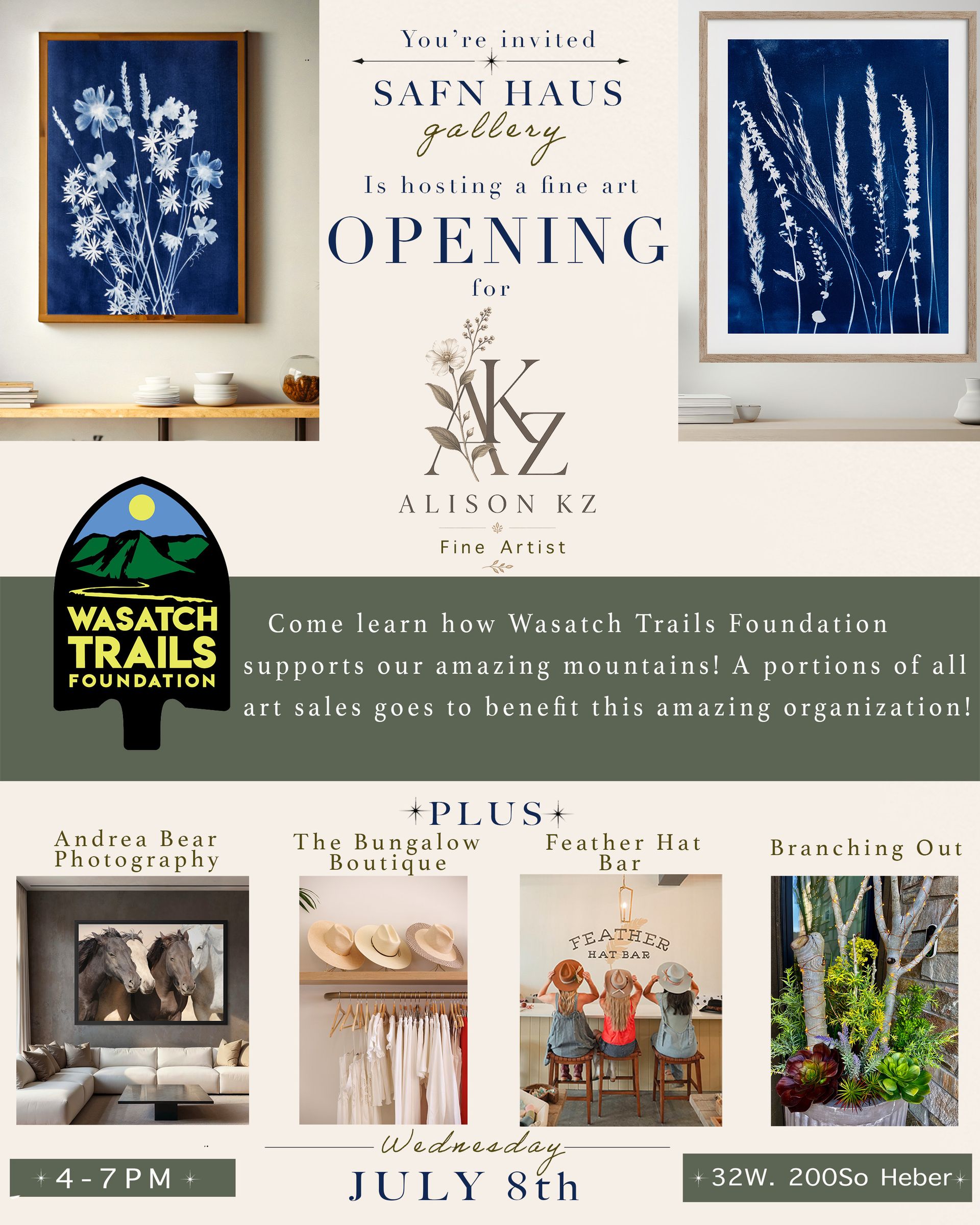 Wasatch Trails summer art show flyer with blue botanical prints and opening event details