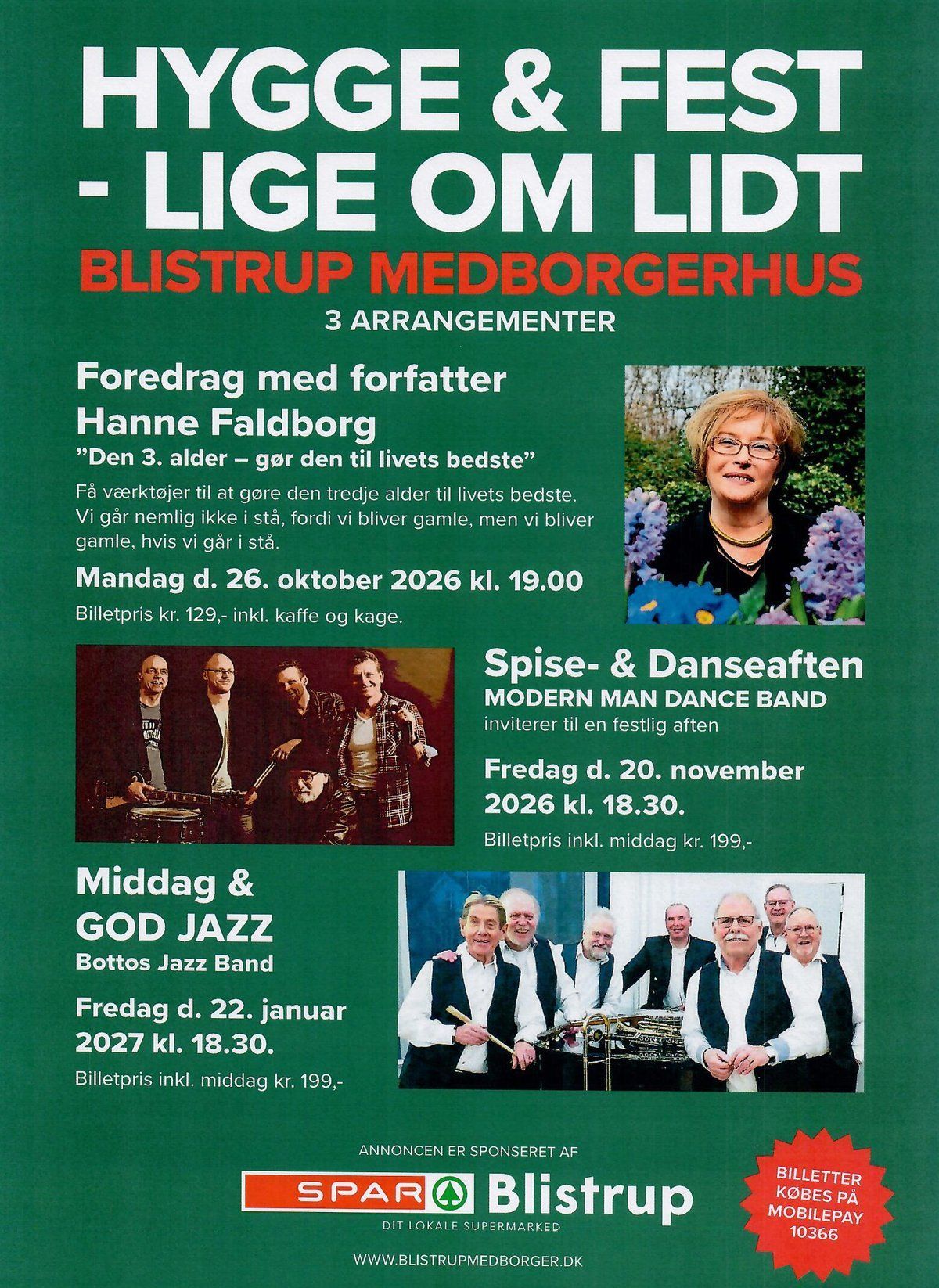 Plakat for Hygge & Fest - 3 arrangementer i Blistrup Medborgerhus 2026-2027