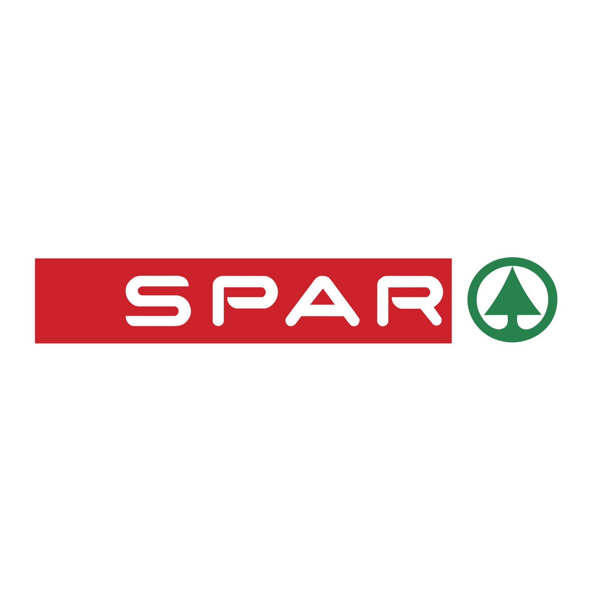 SuperBrugsen logo, hvid tekst på rød baggrund.