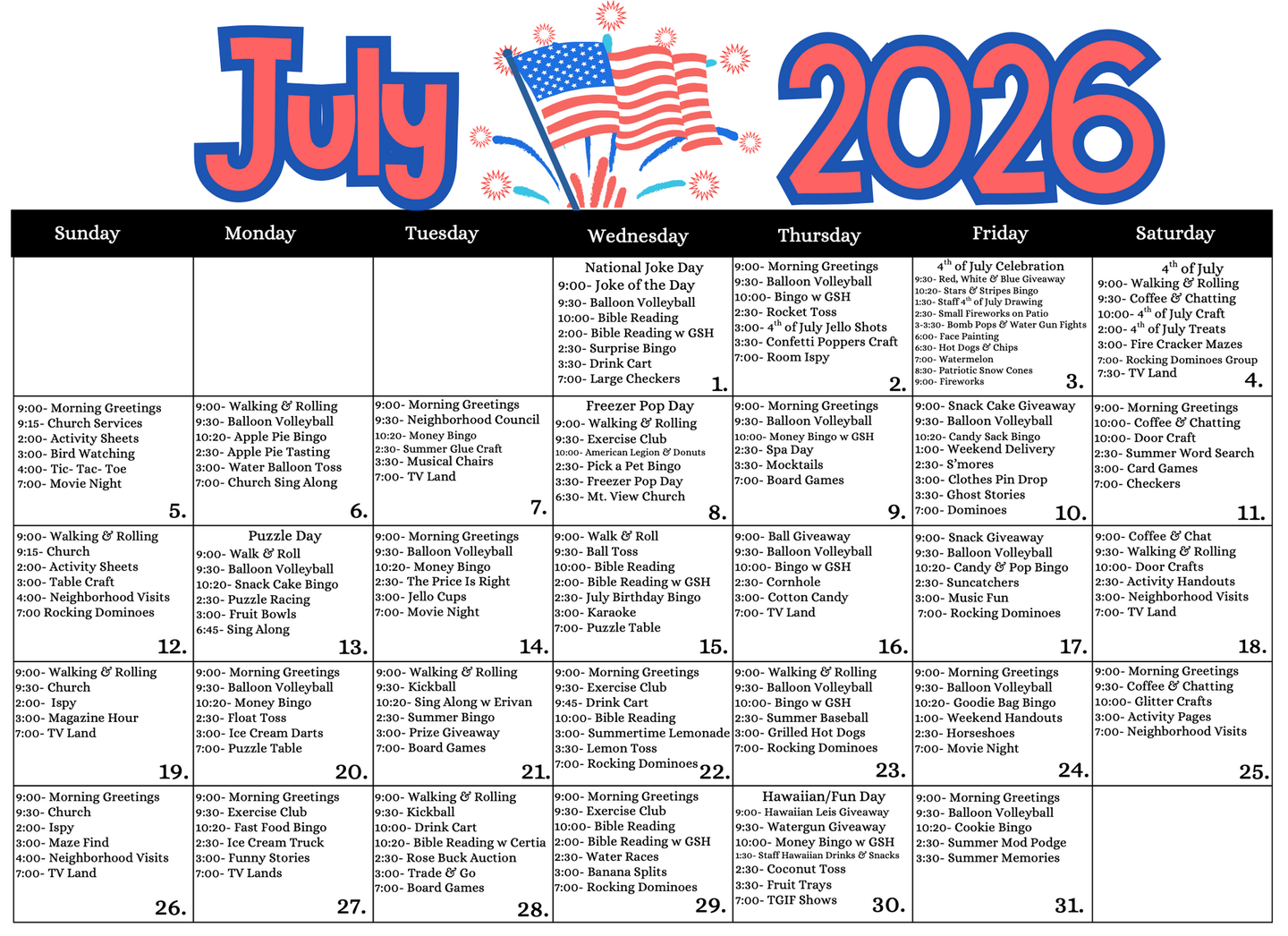 July 2026 monthly calendar with a red, white, and blue American flag theme.