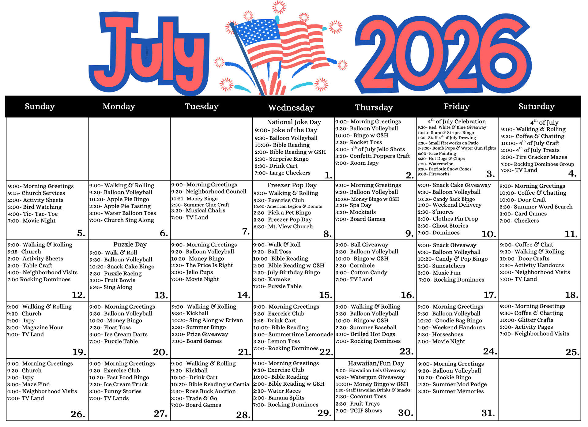 July 2026 wall calendar with a patriotic red, white, and blue header and monthly date grid