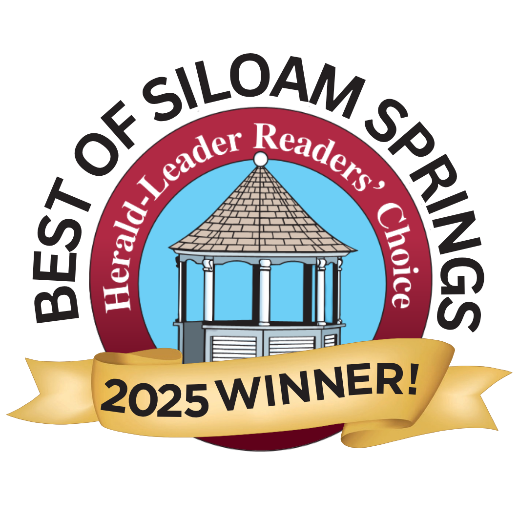 Best of Siloam Springs award, 2025 Winner. Red, white, and blue emblem with gazebo, banner.