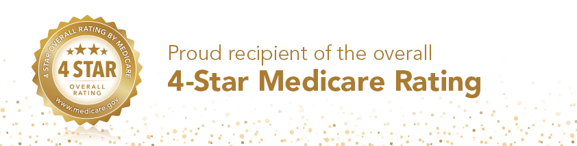 Gold badge with 4 stars and text:
