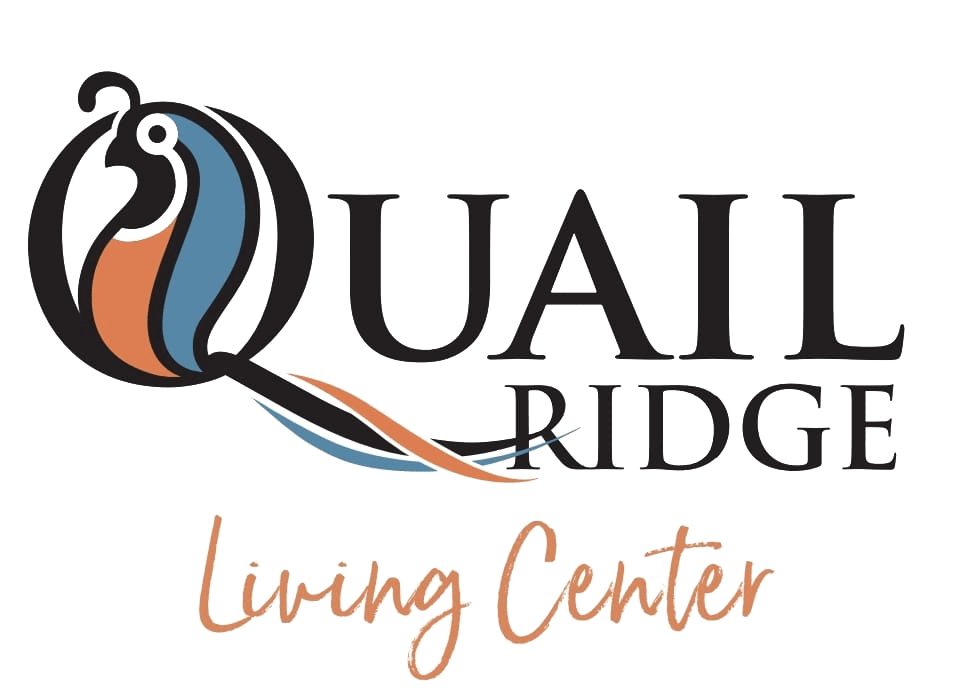 Logo for Quail Ridge Living Center: a stylized quail with a black, blue, and orange design, with the name and