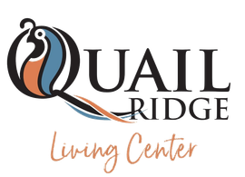 Logo for Quail Ridge Living Center: a stylized quail with a black, blue, and orange design, with the name and 