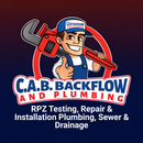 Logo for C.A.B. Backflow and Plumbing. Cartoon plumber holds a wrench. Services: RPZ testing, plumbing, sewer, and drainage.