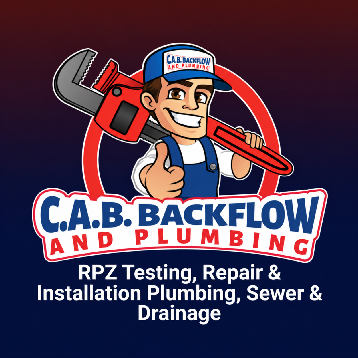 Logo with cartoon plumber holding a wrench, advertising backflow and plumbing services.