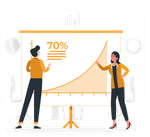 a man and a woman are standing in front of a chart .