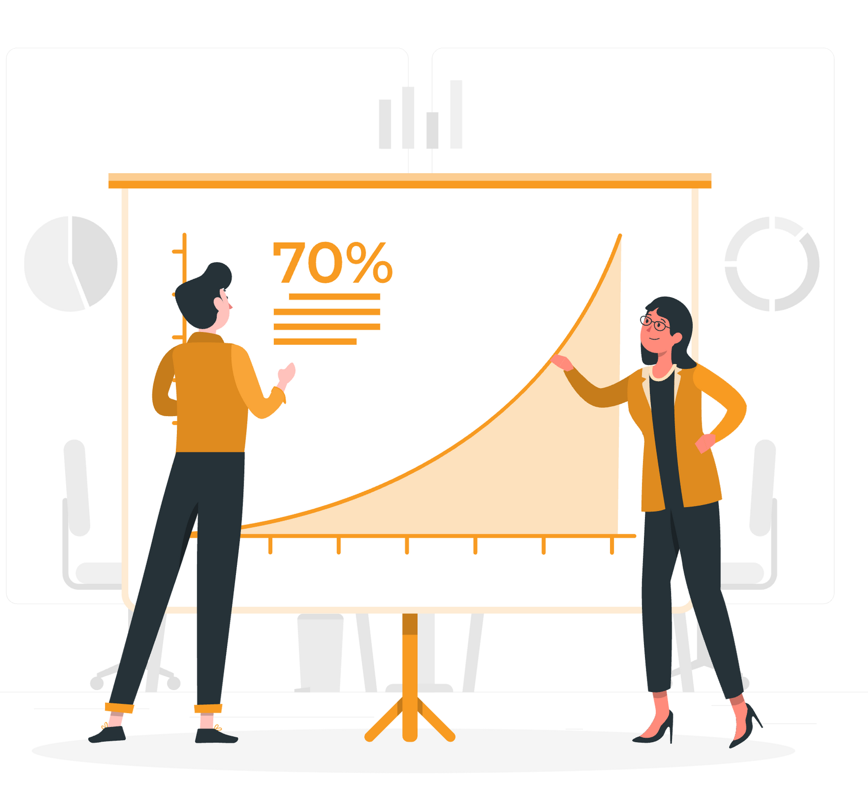 A man and a woman are standing next to each other looking at a graph.