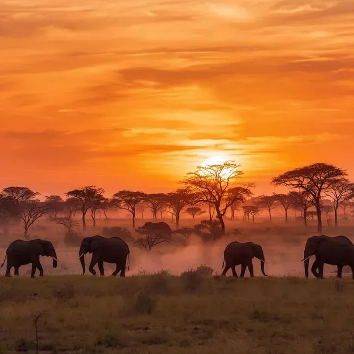 Elephants walk across savanna at sunset with orange sky and silhouetted trees.