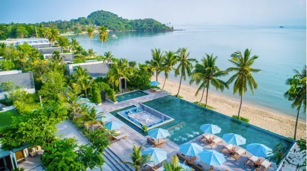 Tropical beachfront resort with pool, beach, and palm trees.