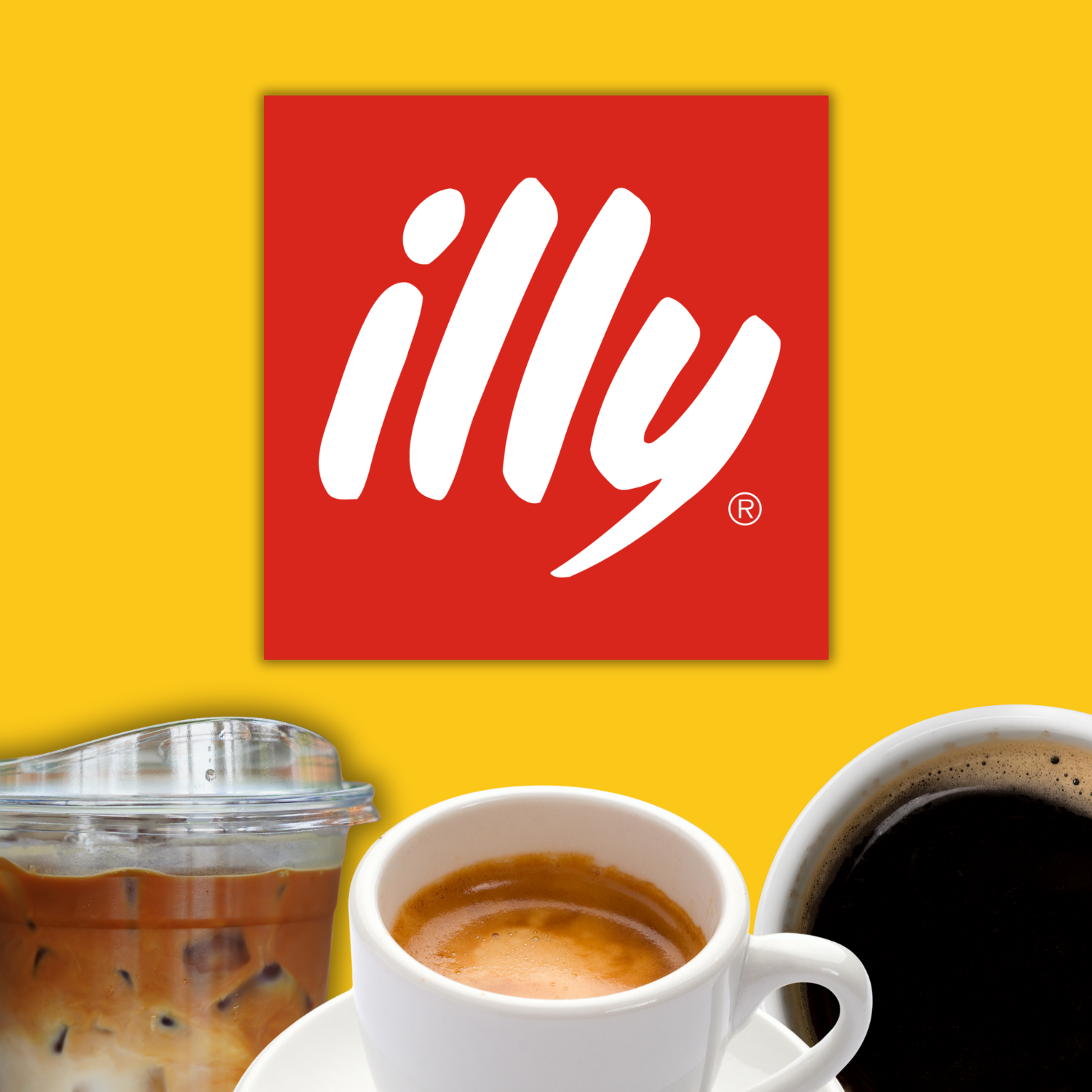 Illy logo on red square with coffee drinks: iced latte, espresso, and coffee. Yellow background.