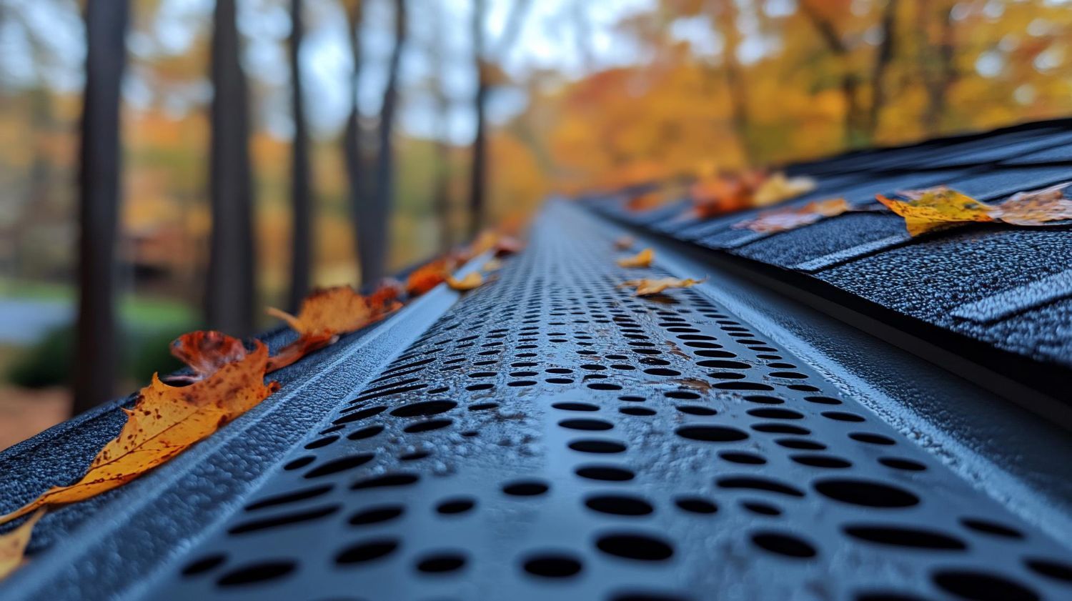 Close-up of a rain gutter covered in leaves; fall foliage in the background.