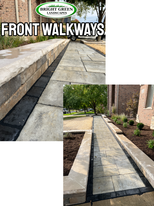 Front walkways with gray pavers and a low wall, by Bright Green Landscaping.