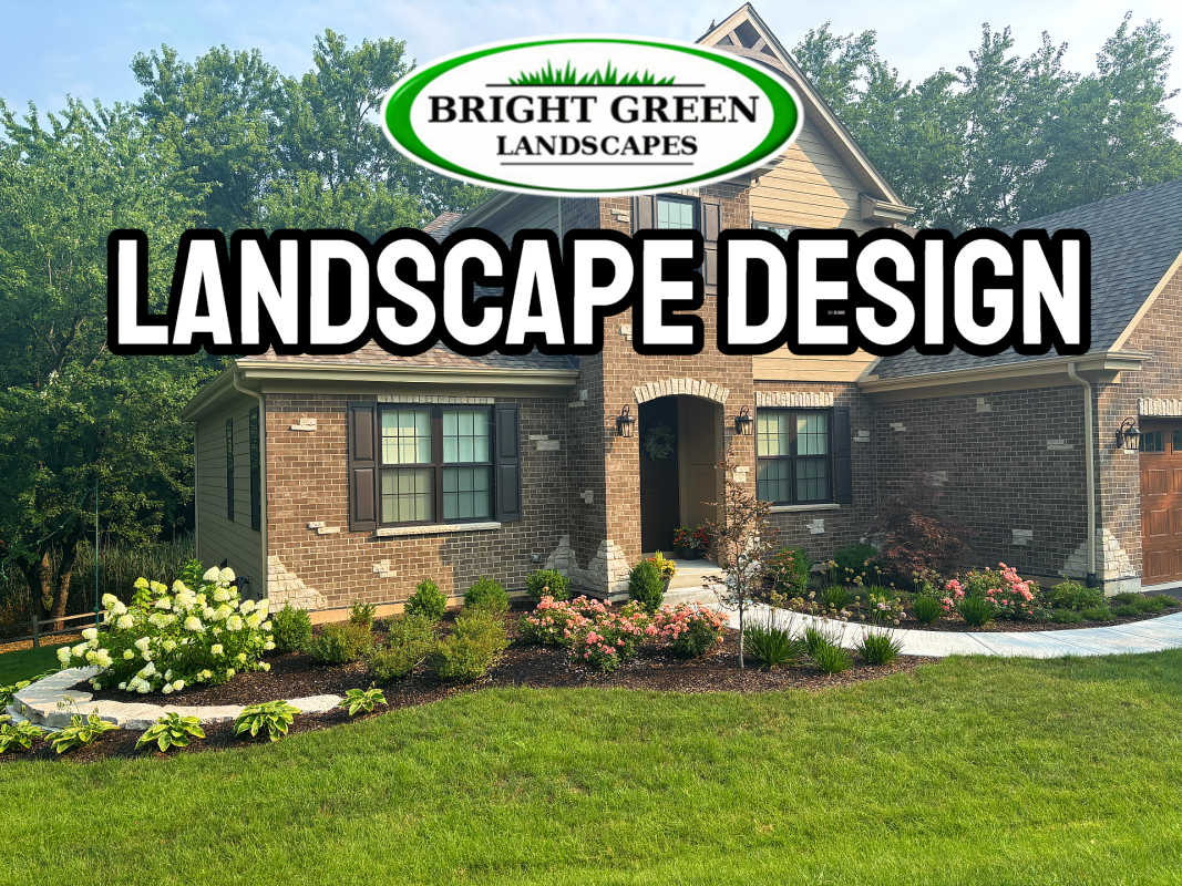 Bright Green Landscapes advertisement. A house with landscaped yard; 
