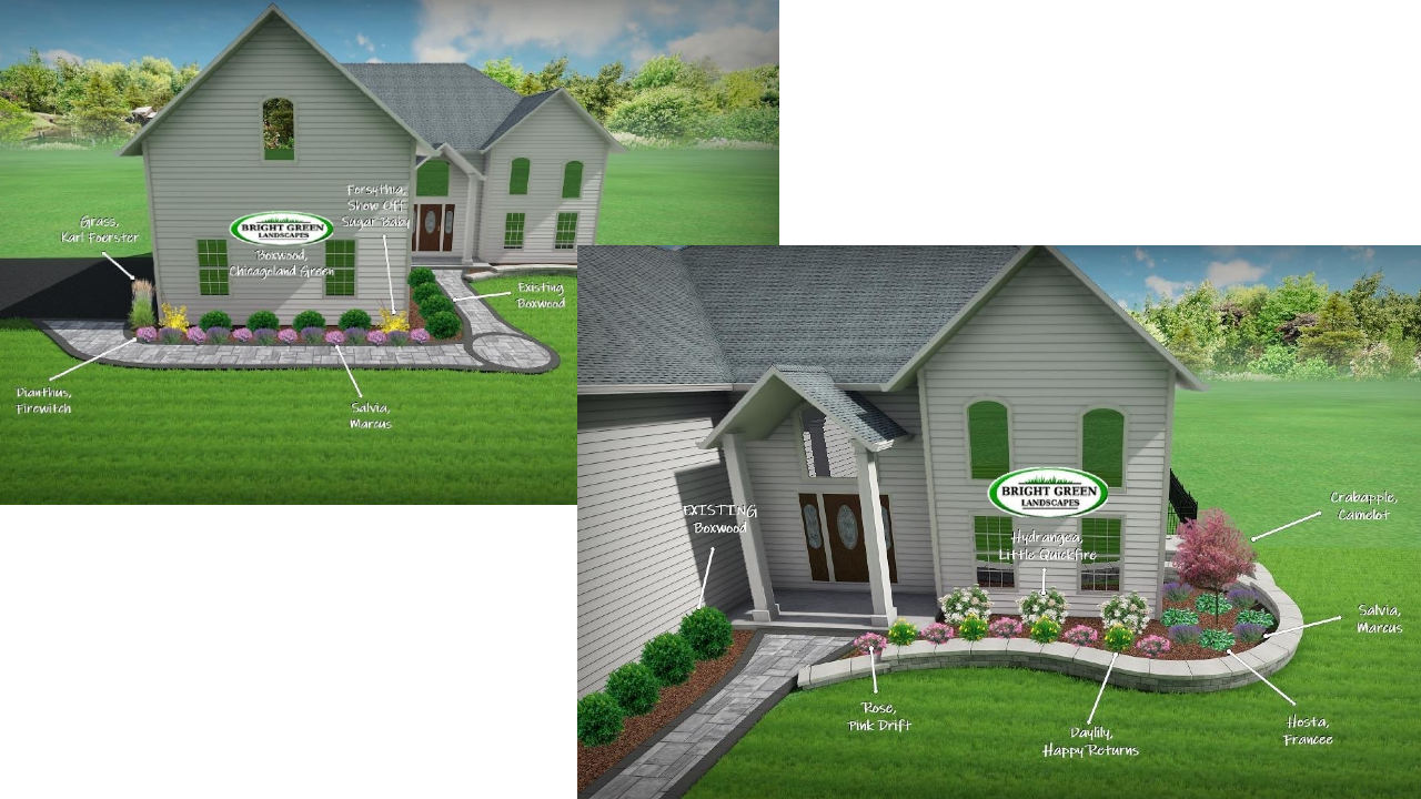 Two house renderings showcasing front yard landscaping designs with green grass, walkways, and flower beds.