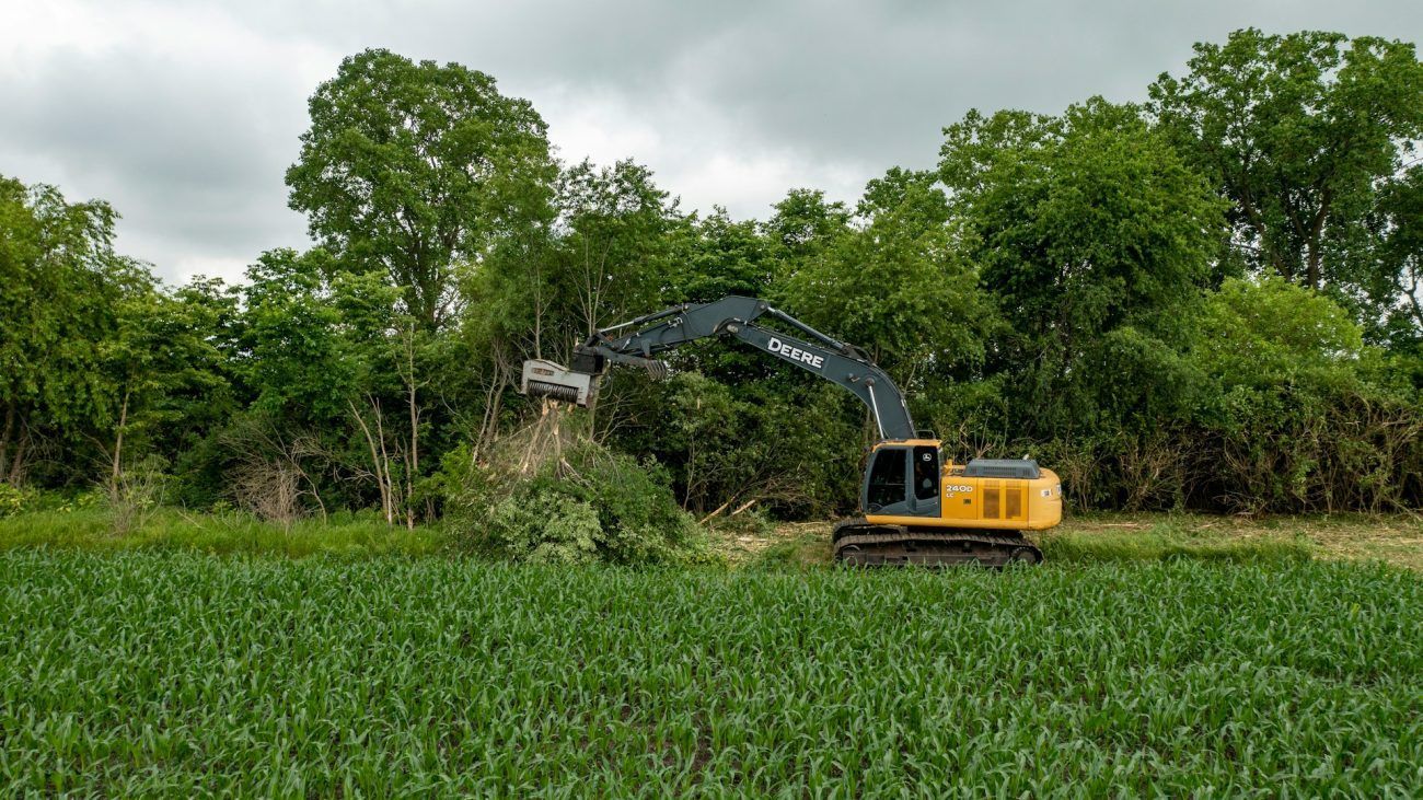 Yellow excavator clearing brush at the edge of a field on a cloudy day.