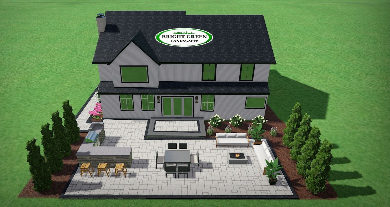 A modern house with a large patio featuring outdoor furniture, landscaping, and a grill. Green and gray color scheme.