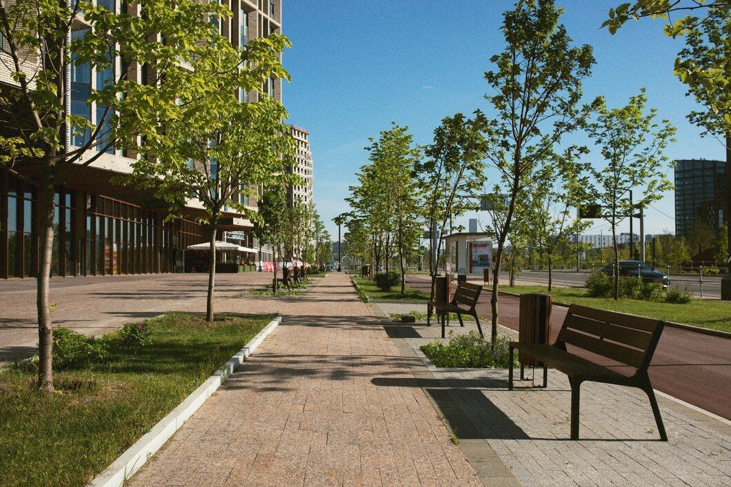 Paved walkway with benches and trees between buildings, on a sunny day.
