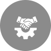 Hands shaking over a gear, inside a gray circle. Collaboration and industry.