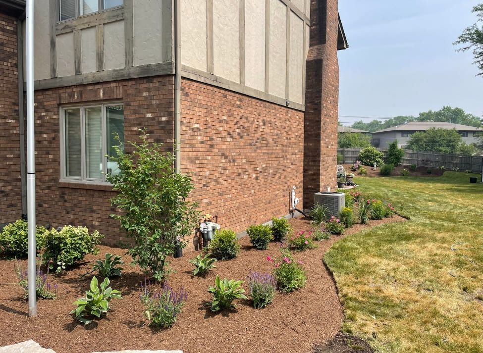Brick house with landscaping, new plants, mulch, and lawn.