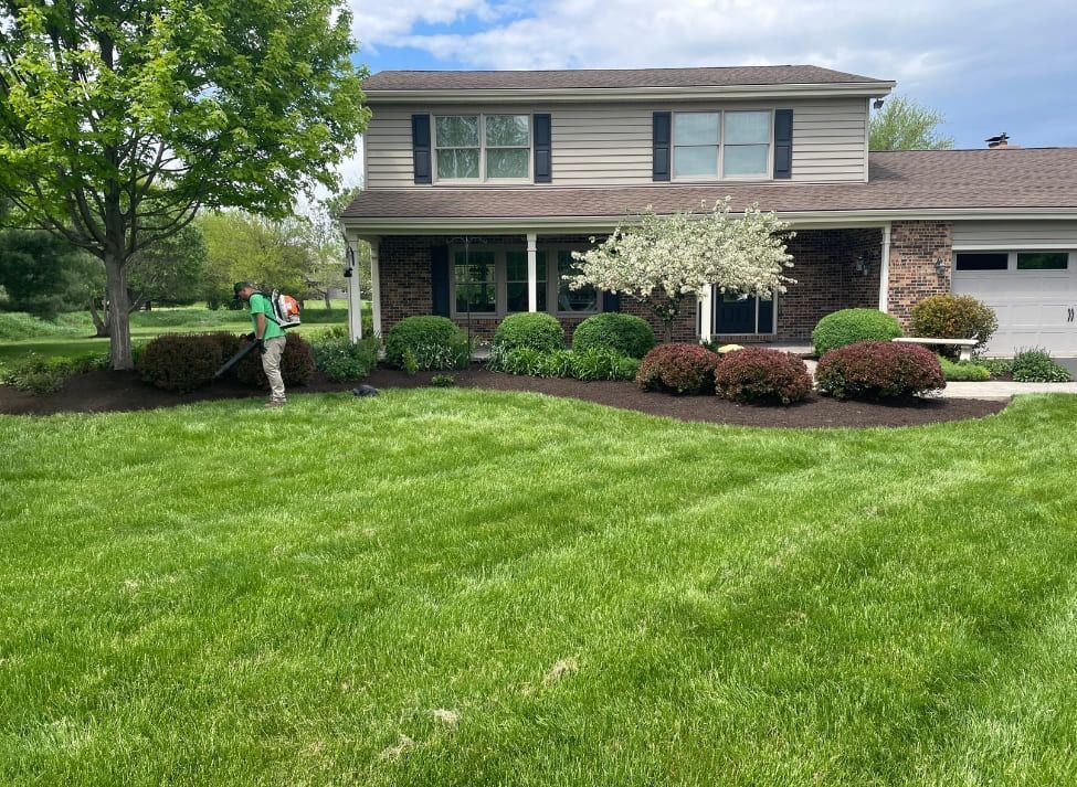 Man raking mulch in front yard of a two-story home, with neatly trimmed shrubs and green lawn.