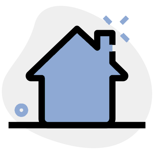 Blue house icon with black outline, chimney, and sparkles.