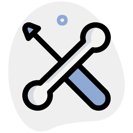 Two crossed tools, one with an arrow, blue and white on a light gray background.