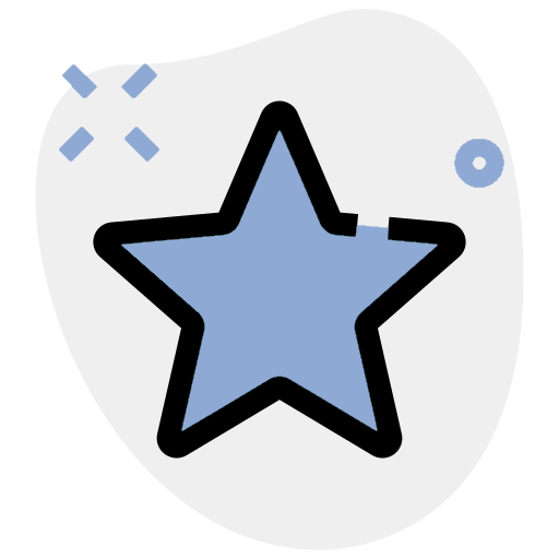 Blue star icon with black outline, within a light gray blob shape, with a few light blue design elements.