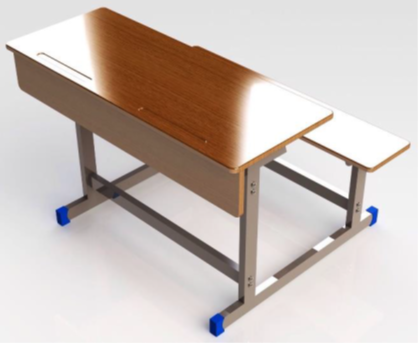 A school desk with a wooden top and blue legs