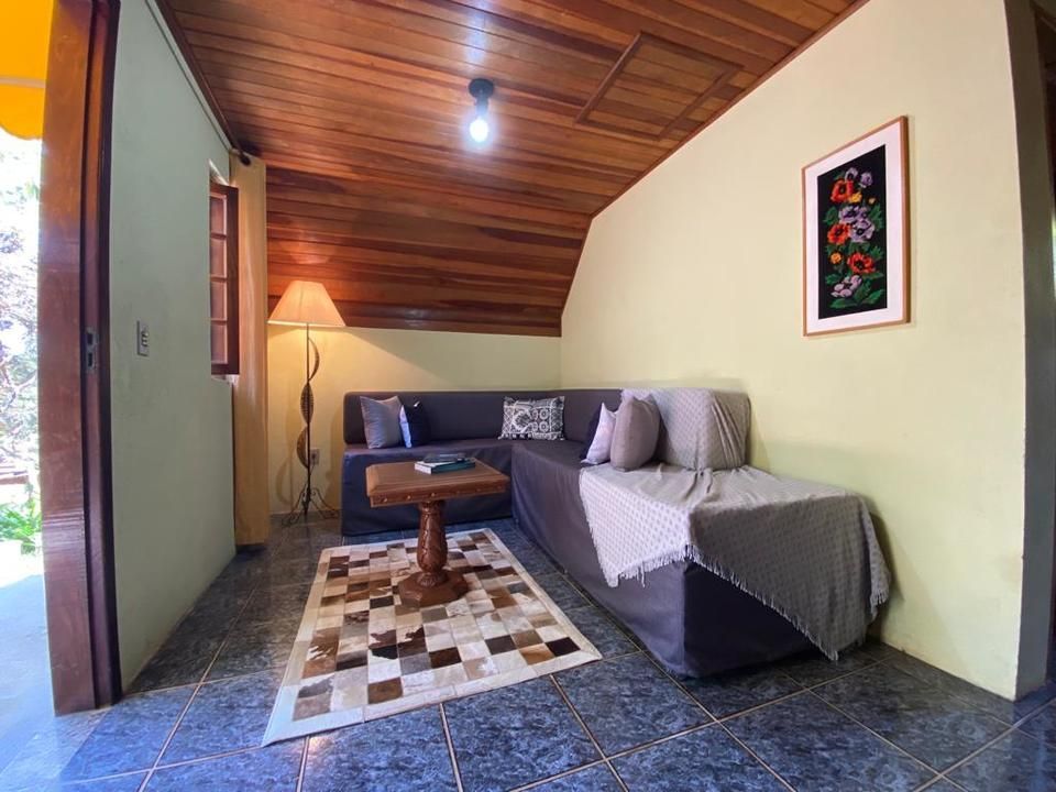 Sala de estar aconchegante com teto de madeira inclinado, sofá cinza, tapete, luminária e arte floral.